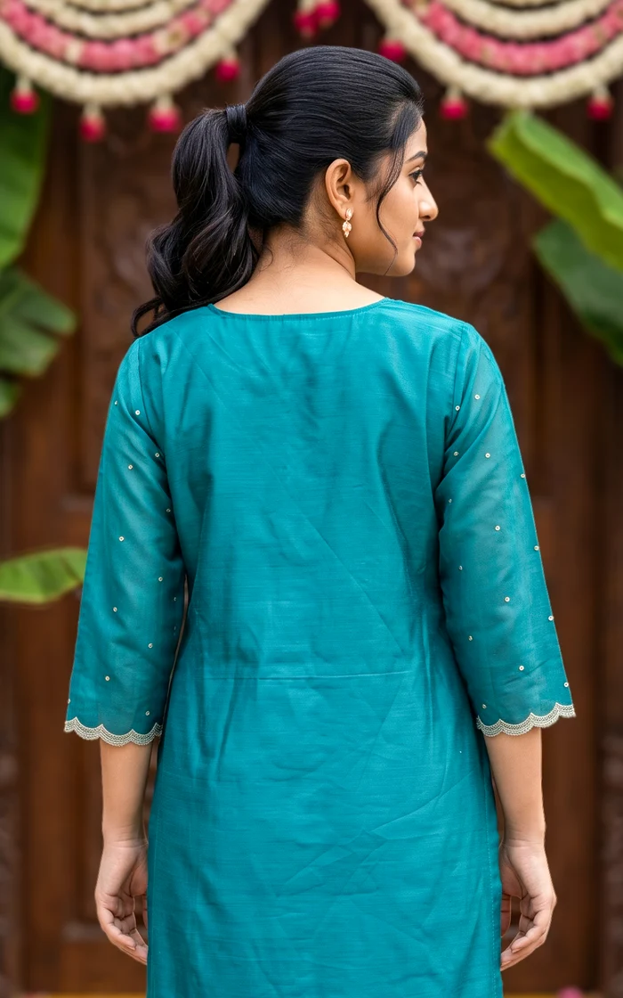 Teal Blue Thread Embroidered Straight Salwar set